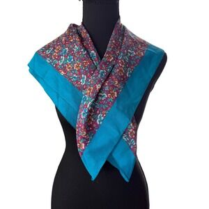 Sarah Coventry Vintage Floral Square Scarf Teal Purple Botanical Neckerchief
